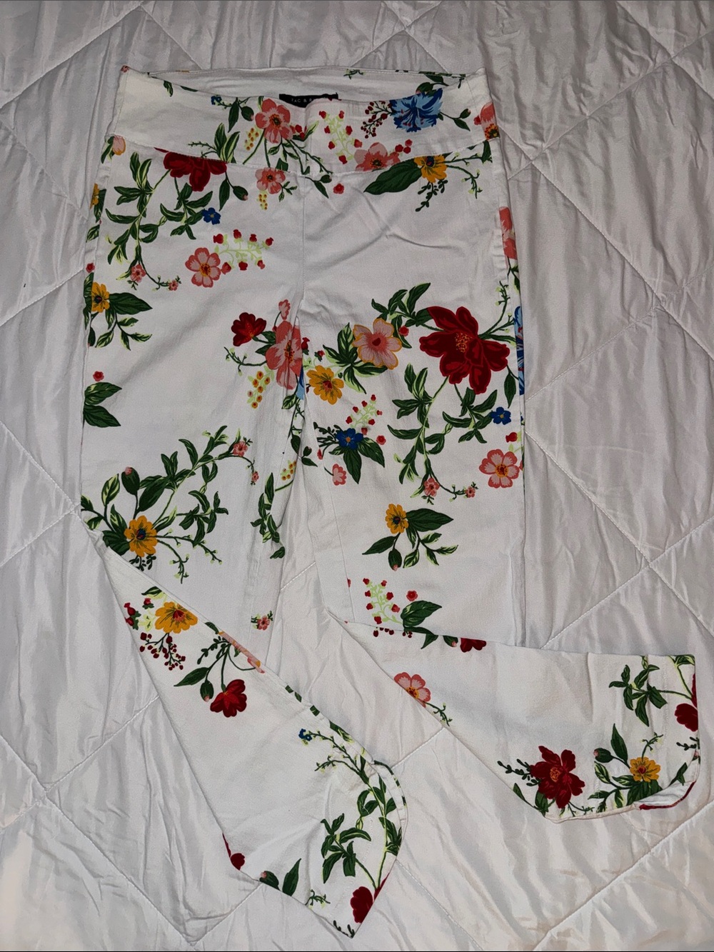 Zac & Rachel White Floral Flare pants with Red, Yellow & Green Print